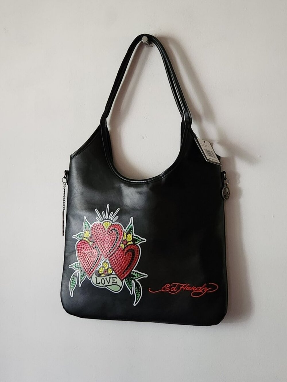 Ed Hardy tote large black vegan leather studded NWT